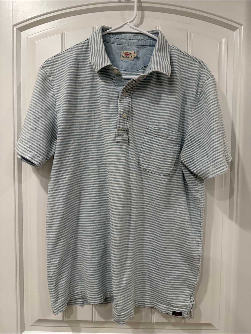EUC Faherty Light Blue and White Striped Polo